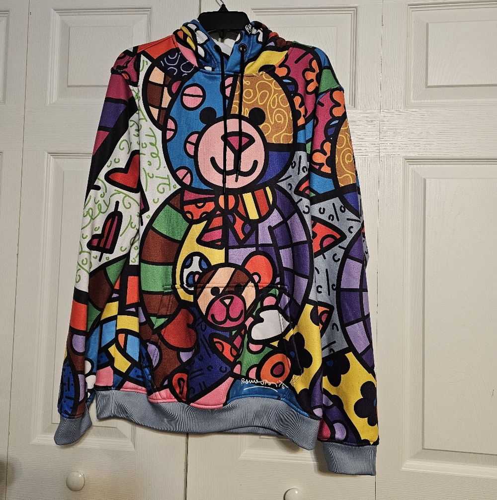 😎Wow! Freshhoods x Romero Britto "Hope Bear" Pop Art Fleece Hoodie - Large
